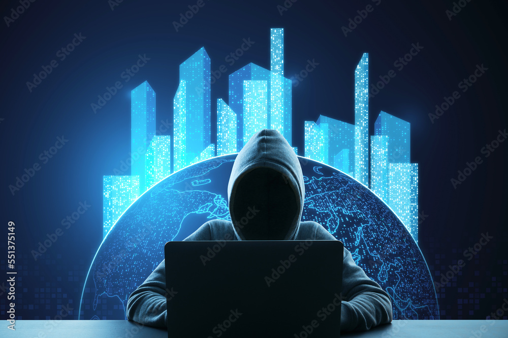 Aufkleber Hacker at desktop using laptop with glowing map with city hologram on blurry background. Abstract metaverse virtual reality concept building and digital map.