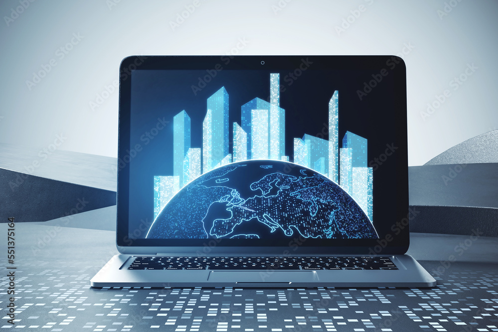 Poster Close up of laptop computer with glowing map and city hologram on blurry background. Abstract metaverse virtual reality concept building and digital map. 3D Rendering.
