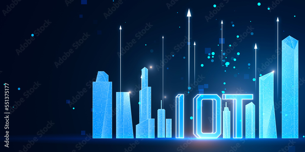 Poster creative glowing digital mesh city and iot hologram on blurry background. network, communication, in