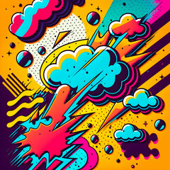 Hand drawn illustration, Retro and 90s style, Pop Art, Abstract, Crazy, and Psychedelic Background.