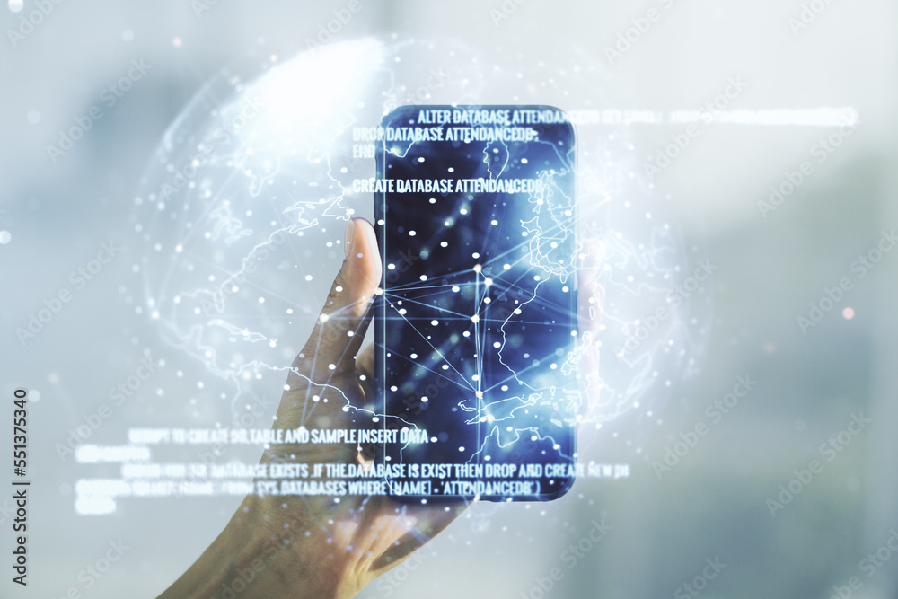 Aufkleber Multi exposure of abstract software development hologram with world map and hand with cell phone on background, global research and analytics concept