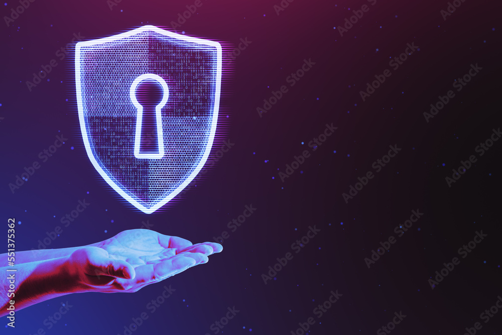 Poster Close up of hand holding glowing digital padlock shield hologram on dark purple background with mock up place. Secure and web safety concept.