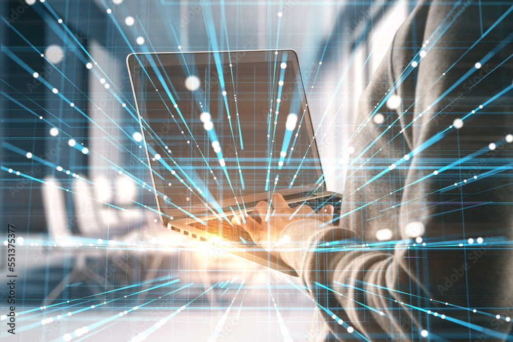 Poster Hacker using laptop computer with creative linear matrix hologram on blurry office interior background. Metaverse, hacking, data theft, vr and futuristic technology concept. Double exposure.