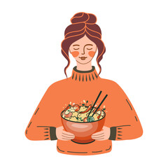 Girl with rice bowl. Udon or ramen soup, noodles, sushi, and bowl. Suitable for restaurant banners, logos, and fast food advertisements. Seafood. Asian food.