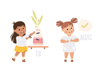 Little Girl Fixing Broken Vase and Agreeing Demonstrating Vocabulary and Verb Studying Vector Set