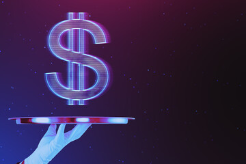 Close up of hand in glove holding silver tray with glowing digital dollar sign hologram on dark purple background with mock up place. Online banking and finance concept.