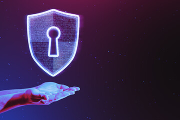 Close up of hand holding glowing digital padlock shield hologram on dark purple background with mock up place. Secure and web safety concept.