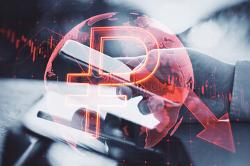 Close up of hands using cellphone with falling global red ruble arrow hologram on blurry background. Market fall, recession and finance concept. Double exposure.