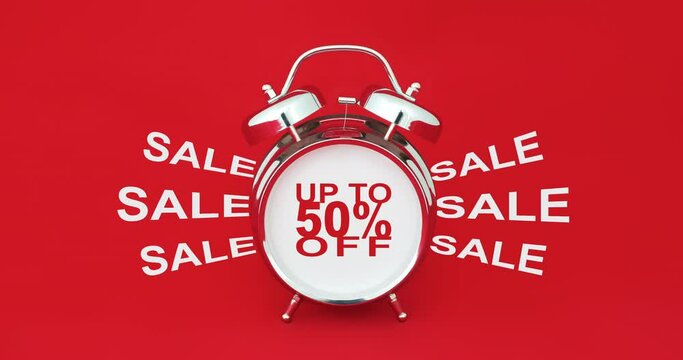 up to 50 % off sale text animation appears on chrome classic alarm clock on red bachground. two versions 50 percent discount looped motion graphic for banner, advertising, black friday promo ad