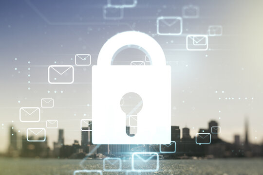 Abstract virtual lock symbol and postal envelopes illustration on San Francisco skyline background. Protection and firewall concept. Multiexposure