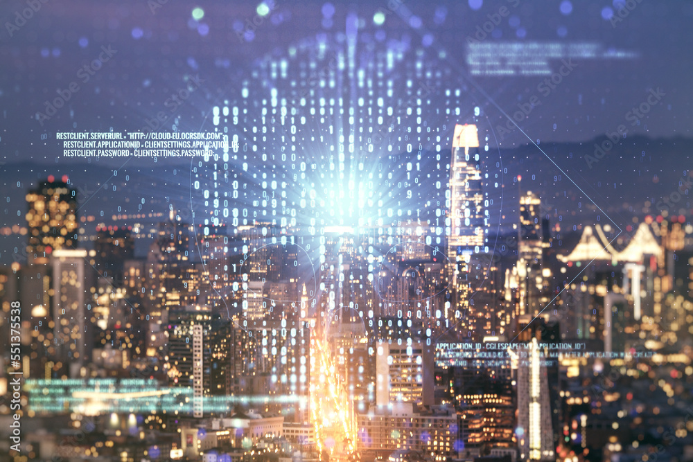 Poster double exposure of abstract virtual creative code skull hologram on san francisco city skyscrapers b