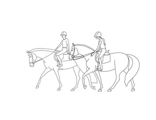 Fototapeta na wymiar Two girls riding horses on a walk