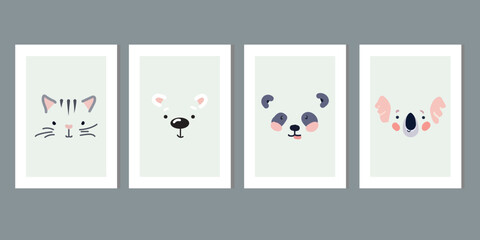 Kids wall art vector collection. Cute hand drawn design with baby animal. Wallpaper background design for child room decoration. Nursery toy cards and cover. Face of the cat, panda, bear and koala © Handan