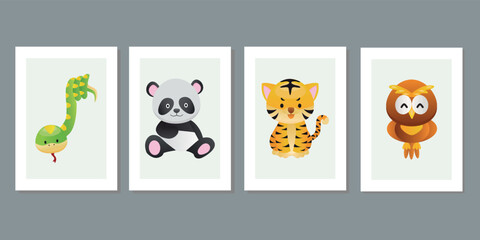 Kids wall art vector collection. Cute hand drawn design with baby animal. Wallpaper background design for child room decoration. Nursery toy cards and cover. Snake, panda, tiger, owl vector collection