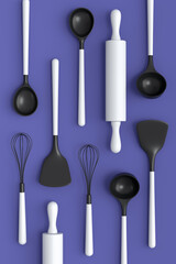 Wooden kitchen utensils, tools and equipment on violet background.
