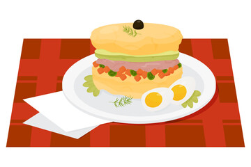 Causa rellena is classic Peruvian appetizer. Traditional popularof Latin American national dish food. Vector illustration for design, gastronomic recipes and menu.