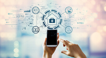 Telehealth theme with hand pressing a smartphone screen