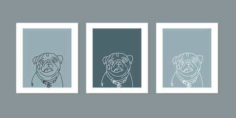 Cute dog portrait, animal continuous line drawing elements set. Serious buldog background decorative element. Vector illustration of pastel color in trendy outline style. Wall art minimalist canvas. - obrazy, fototapety, plakaty