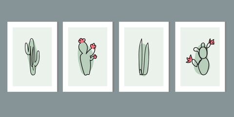 Trendy outline style. Wall art happy cactus minimal canvas. Hand drawn four frame version with green texture, red leaf branch, line art. Botanical poster set decoration, interior, wallpaper, banner.
