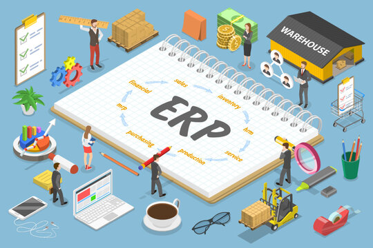 3D Isometric Flat Vector Conceptual Illustration of ERP as Enterprise Resource Planning, Business Innovation, Automation and Digitalization