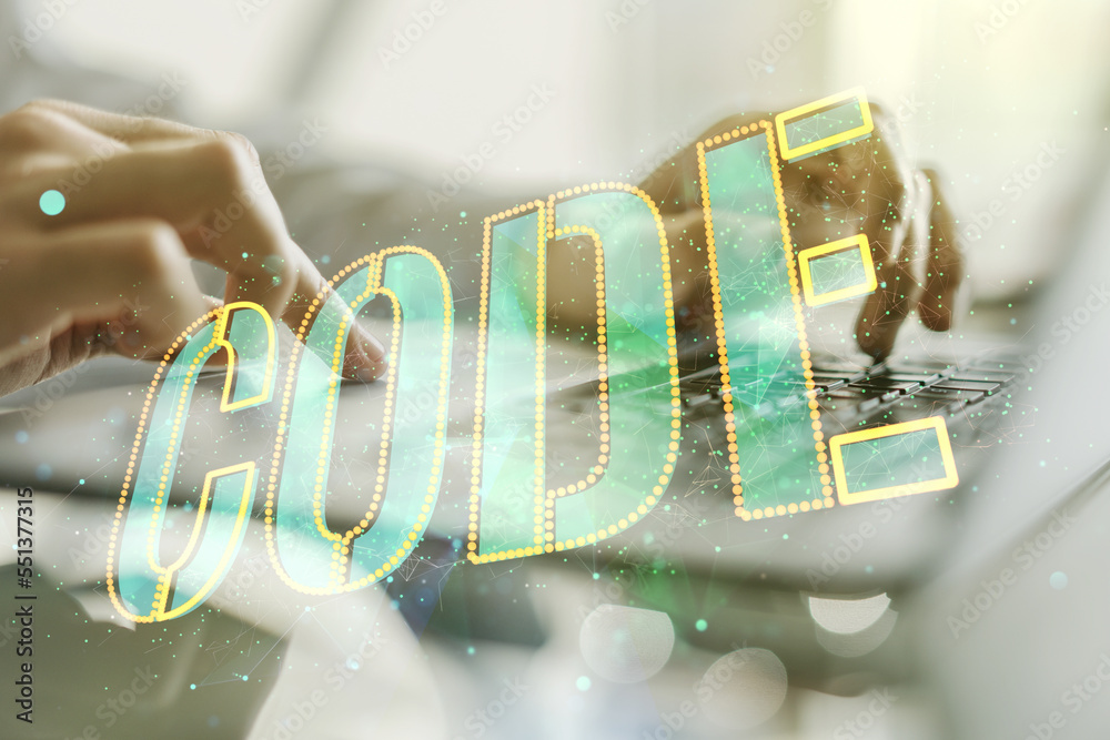 Poster creative code word hologram and hands typing on computer keyboard on background, artificial intellig