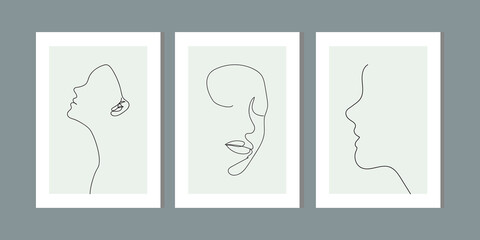Elegant one line sketches of female abstract face. Drawing minimalist line art. Trendy illustration continuous minimal print. Beauty woman face figure. Print of three frame set, contour, cosmetics.
