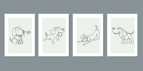 Cute dog portrait, animal continuous line drawing elements set. 
Excited, happy, playing, running, holding flower with mouth pet animal. Various forms in trendy outline style. Wall art minimal canvas