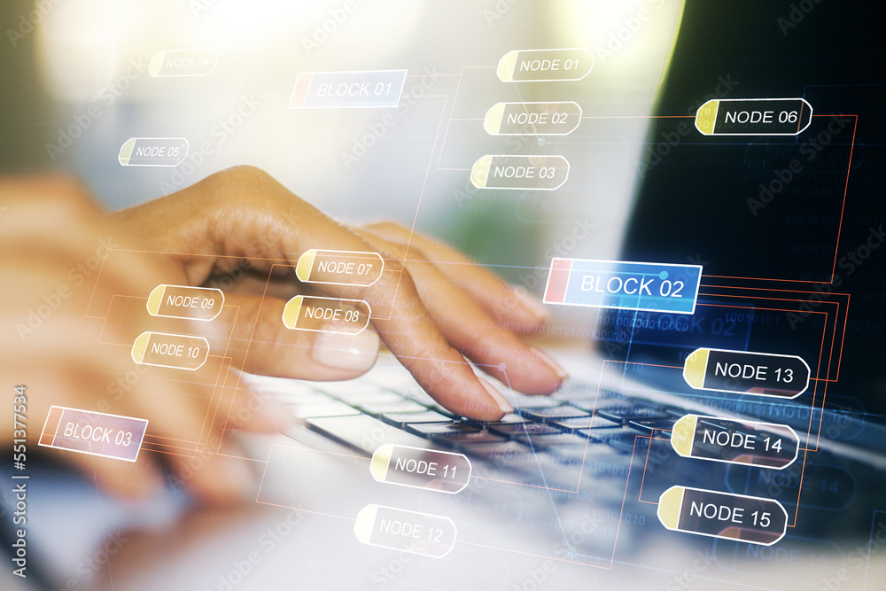 Poster double exposure of abstract programming language hologram with hands typing on laptop on background,
