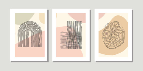 Design for wall framed prints, canvas prints, poster, home decor, cover, wallpaper. Modern abstract arts vector collection. Soft tones hand drawn line organic shape art. Round rectangular line version