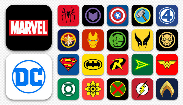 Social network embleme icon logo, top Superhero comics Marvel & DC, Vector editorial illustration