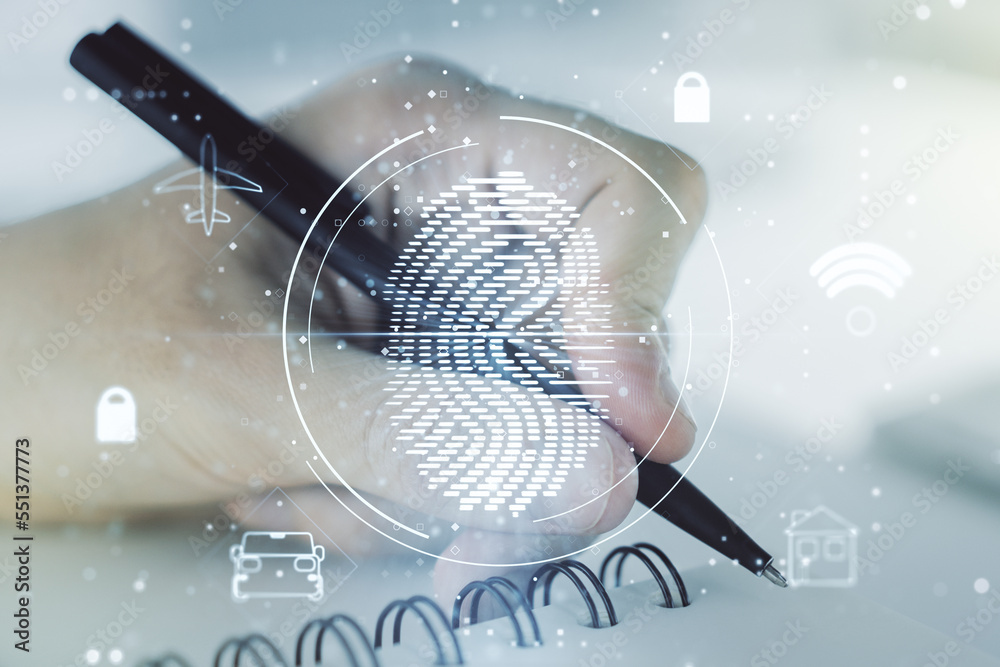 Aufkleber double exposure of abstract creative fingerprint hologram with man hand writing in notebook on backg