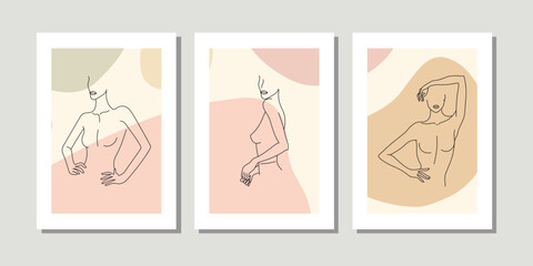 Elegant one line sketches of female abstract face. Drawing minimalist line style. Trendy illustration continuous minimal art. Beauty woman body figure. Print of three frame set, colorful, cosmetics.
