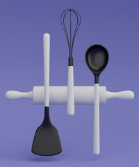 Wooden kitchen utensils, tools and equipment on violet background.