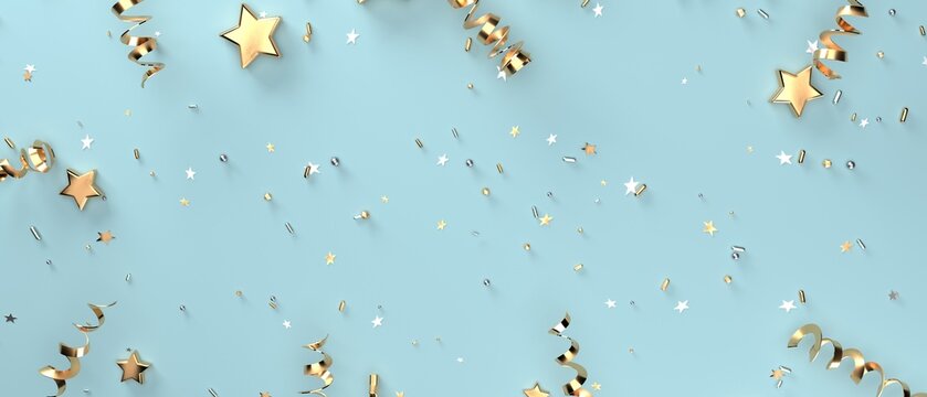 Serpentine streamers with stars and confetti - 3D render illustration