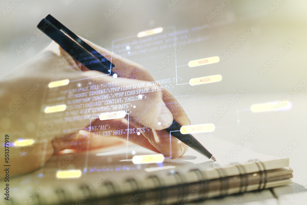 Aufkleber Abstract creative coding illustration with man hand writing in diary on background, software development concept. Multiexposure