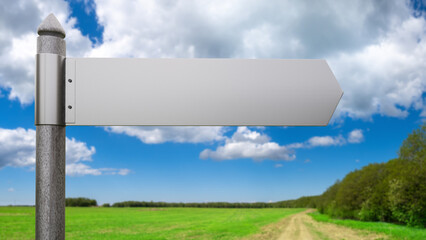 Blank signpost on village road. Path in field. Steel road sign without inscription. Street sign for name of village. Place for inscription. Street road pointer against cloudy sky. 3d image.