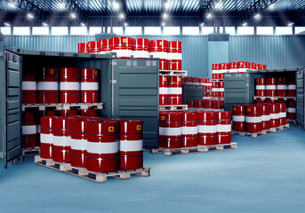 Warehouse of chemistry products. Barrels for toxic products near shipping containers. Barrels for chemistry with flammable symbol. Logistic warehouse inside hangar. Barrels on pallets. 3d rendering. - obrazy, fototapety, plakaty
