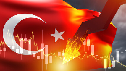 Turkey inflation. Economic charts near flag. Fall of Turkish economy. Decrease of Turkey currency....
