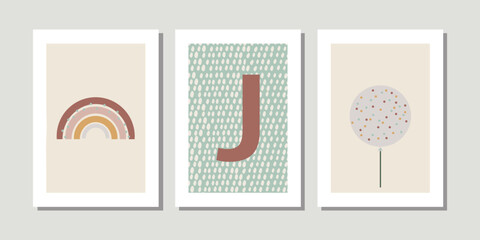 Kids, child art interior home decor. Letter J. 3 pieces frame canvas wall art. Colorful prints with shapes, Rainbow, balloon. Element for design. Three vertical frame posters on floor with white walls