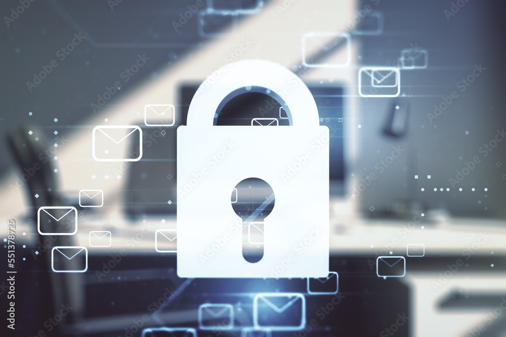 Poster Double exposure of creative lock hologram with email symbols and modern desktop with laptop on background. Information security concept