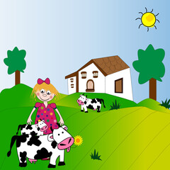 Paisaje de niña en el campo con las vacas.