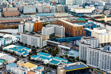 Fototapeta na wymiar Aerial view of an industrial section of Koto City in Tokyo, Japan