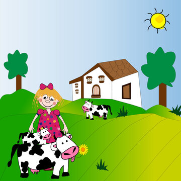Paisaje de ni&ntilde;a en el campo con las vacas.