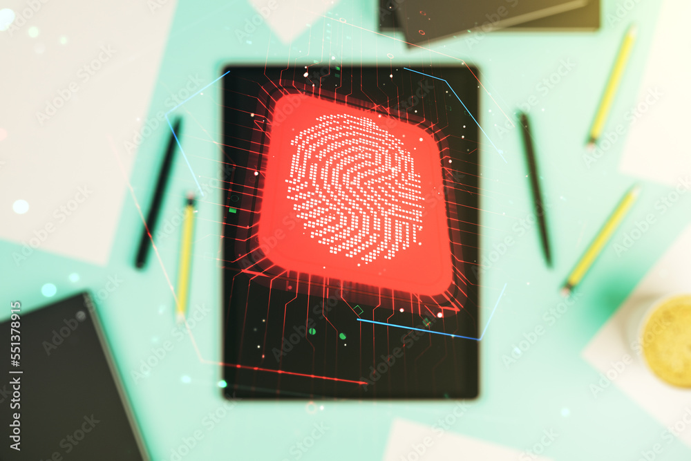 Aufkleber Multi exposure of creative fingerprint hologram and digital tablet on background, top view, personal biometric data concept