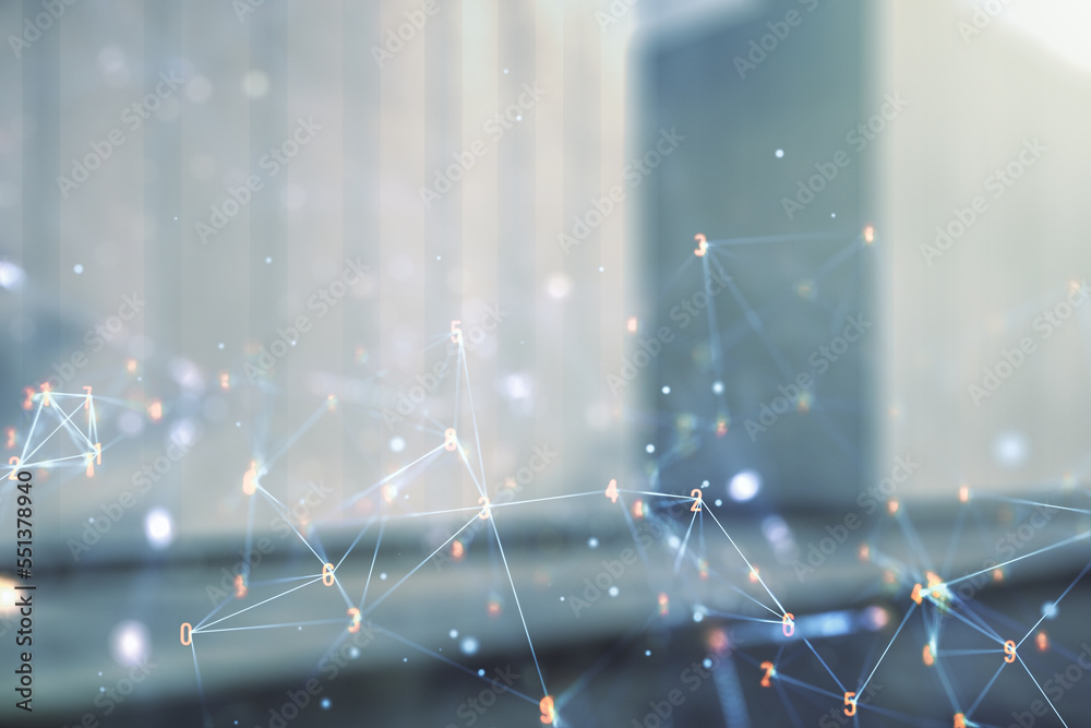 Poster abstract virtual wireless technology hologram on blurry modern office building background. big data 