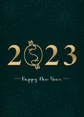 Happy New Year 2023 gold text green background illustration card