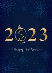 Happy New Year 2023 gold text dark blue background illustration card