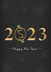 Fototapeta na wymiar Happy New Year 2023 gold text grey background illustration card