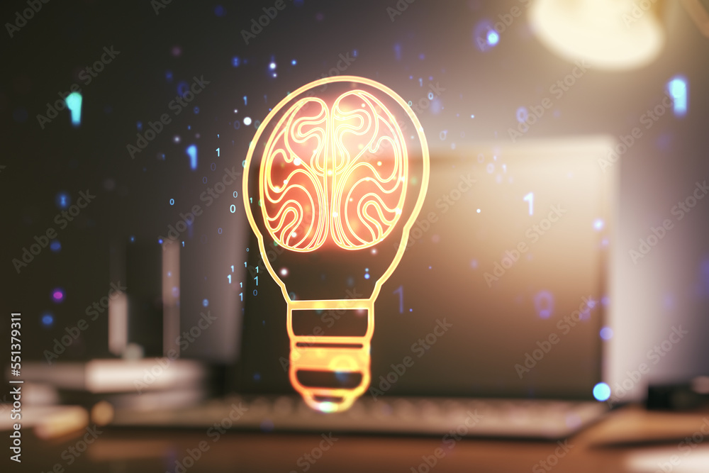 Aufkleber Creative light bulb with human brain hologram on modern laptop background, artificial Intelligence and neural networks concept. Multiexposure