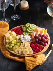 Appetizers boards with assorted sweets and fruits . Charcuterie board. Top view, copy space. Vertical